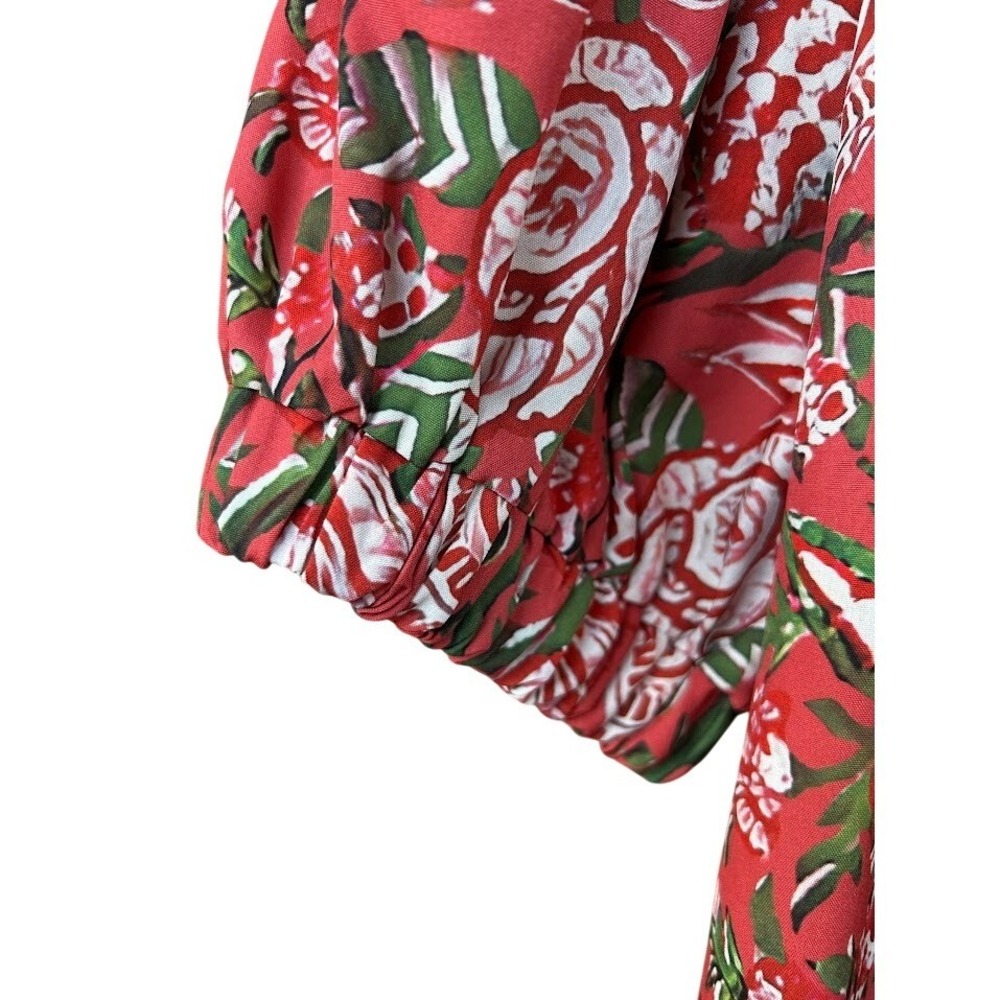 Womens Red Floral Print‎ Puff Sleeve Mock Neck Tunic Top M - Picture 4 of 6